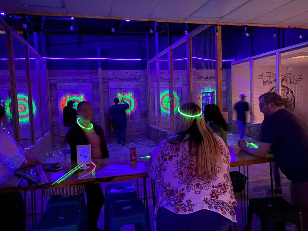 neon targets and blacklights at lumber jill's glow throw event